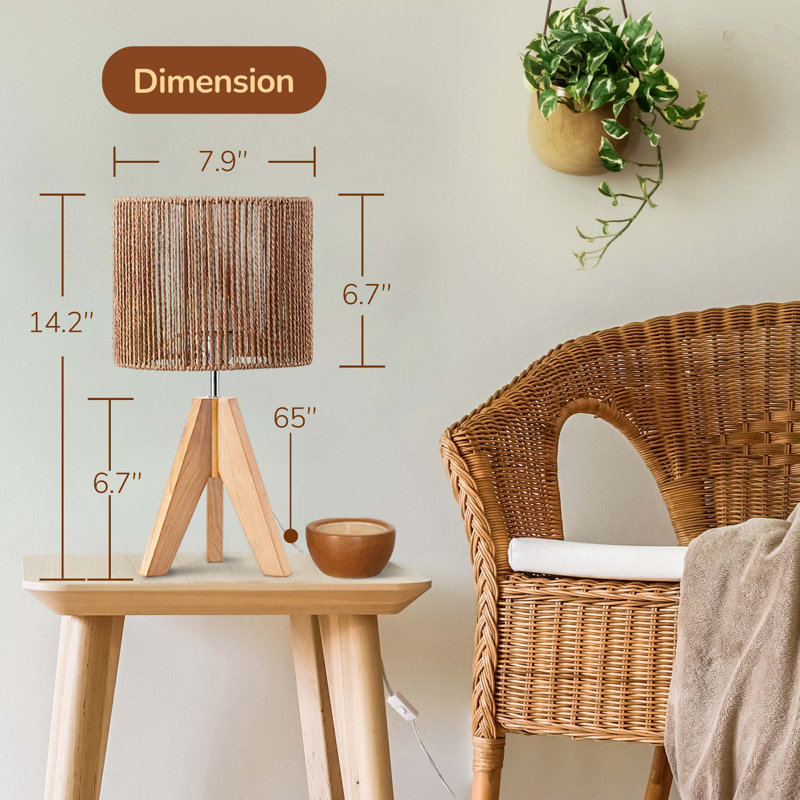 Aurion 14.2" Beige Solid Wood Tripod Table Lamp Set with Rattan Shade
