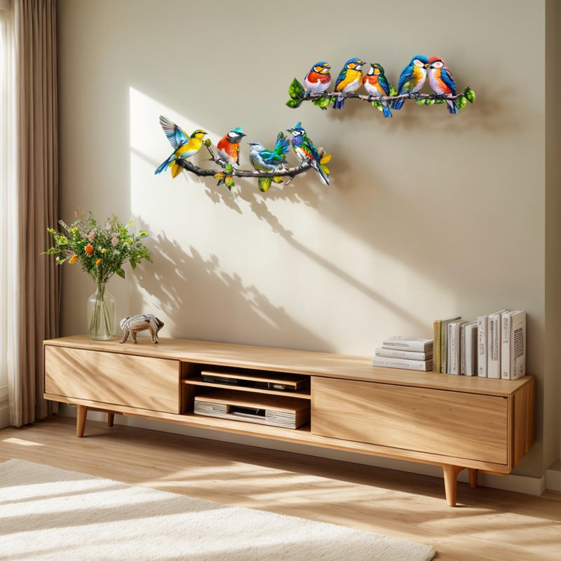 Décoration murale d'extérieur en métal, oiseaux vifs sur une branche, feuilles suspendues en métal, décor de colibri