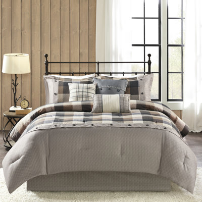 Édredon neutre 7 pièces - tissu à chevrons, tissu écossais Buffalo, rembourrage, lavable à la machine, comprend l'édredon, les taies décoratives, les oreillers et la jupe de lit, le fer à repasser à vapeur, les oreillers,