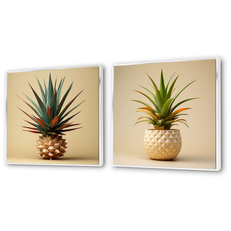 «Bauhaus Minimalisme Pineapples I», ensemble de 2 reproductions d'art sur toile, Cadre flottant blanc