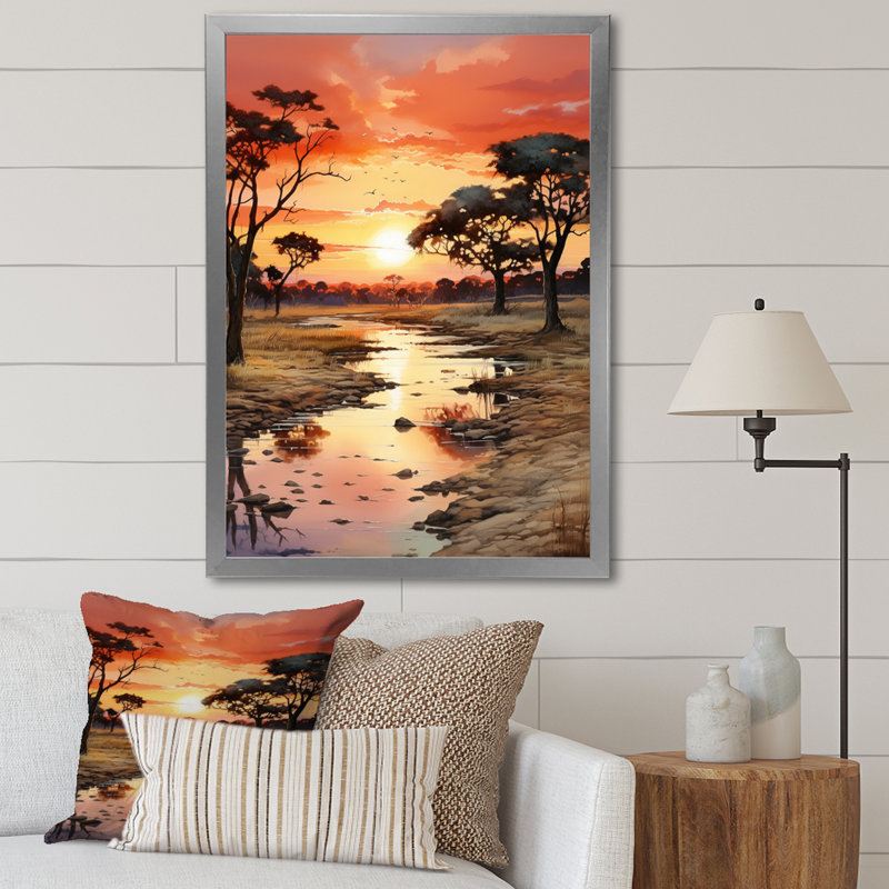 Alsey, coucher de soleil africain Oasis II, H 44 po x l 34 po x P 1,5 po, Cadre photo argenté