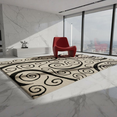 Tapis en laine à motif abstrait abstrait en laine touffeté à la main beige et noir Ailey
