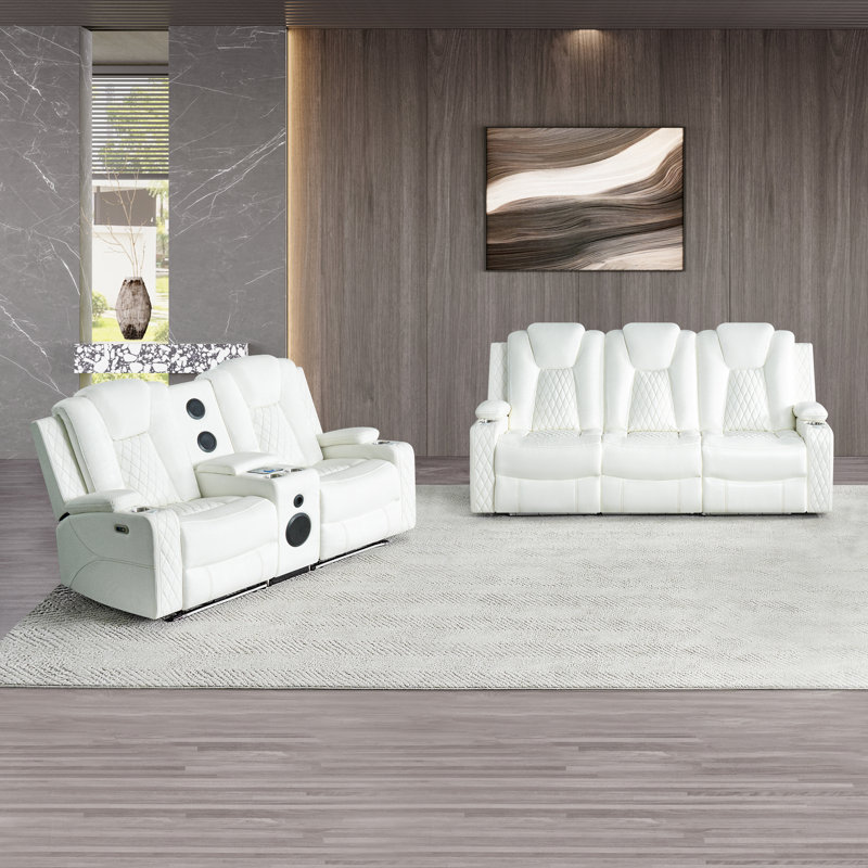 Theater Style Motion Loveseat + sofa set with Adjustable Headrest, White