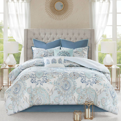 King 8 Piece Reversible Cotton Comforter - Blue, Printed Floral & Prints, Filling, , Easy Care Blue Reversible, Design, Two-Tone Reverse, , Includes Matching Shams Pillows