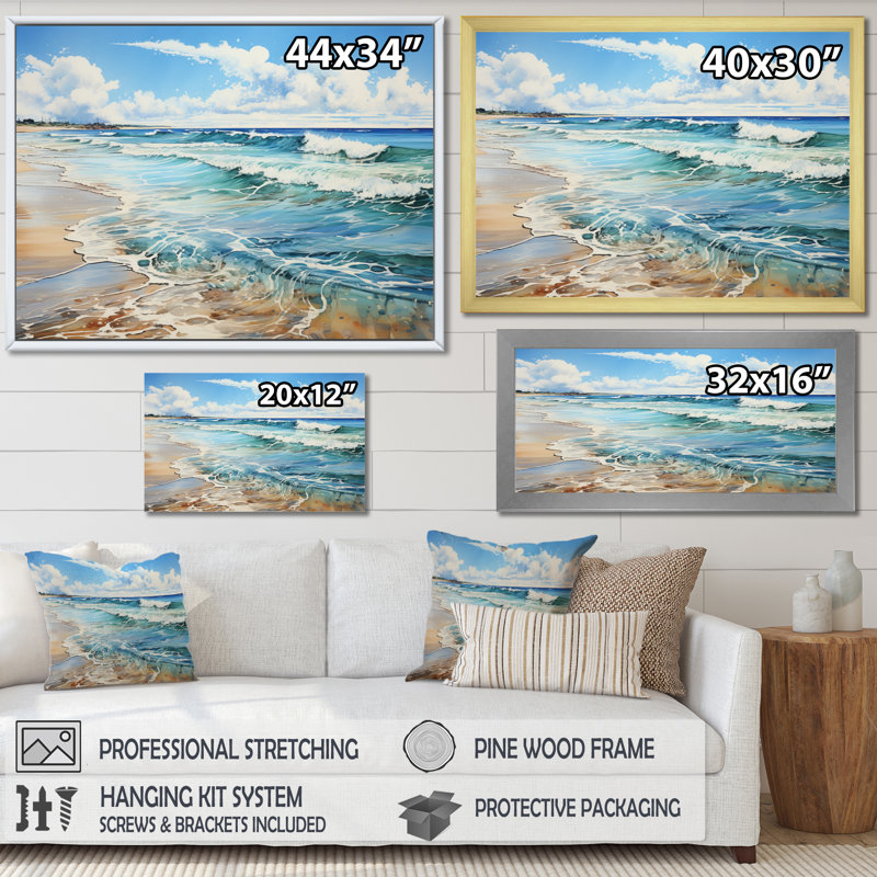 Plage, bord de mer, réflexions, pointillisme I - plage, art mural plage, H 12 po x l 20 po x P 1 po, Encadrement argenté
