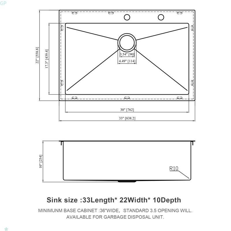 33X22 Inch Kitchen Sink Drop-In 16 Gauge Stainless Steel Single Bowl Topmount Kitchen Sink