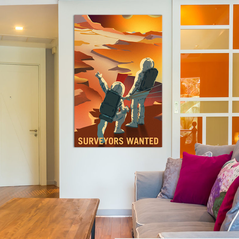 "Mars Explorer Series: Surveors Wanted", art textuel sur toile tendue, H 26 po x l 40 po x P 1,5 po