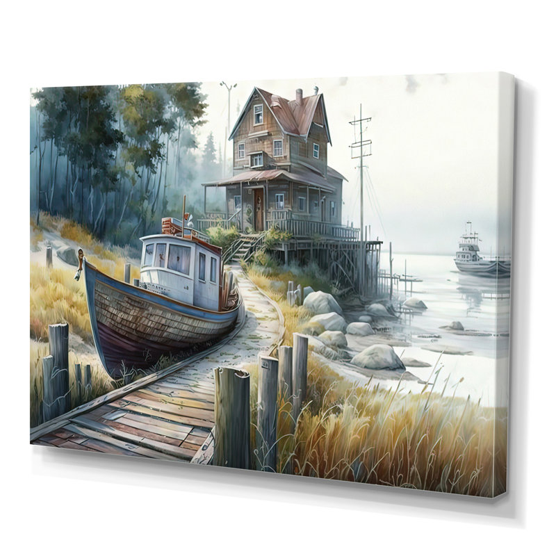 «Rustic Port With A Fishing Boat III» - art mural toile côtière, H 12 po x l 20 po x P 1 po, Toile tendue