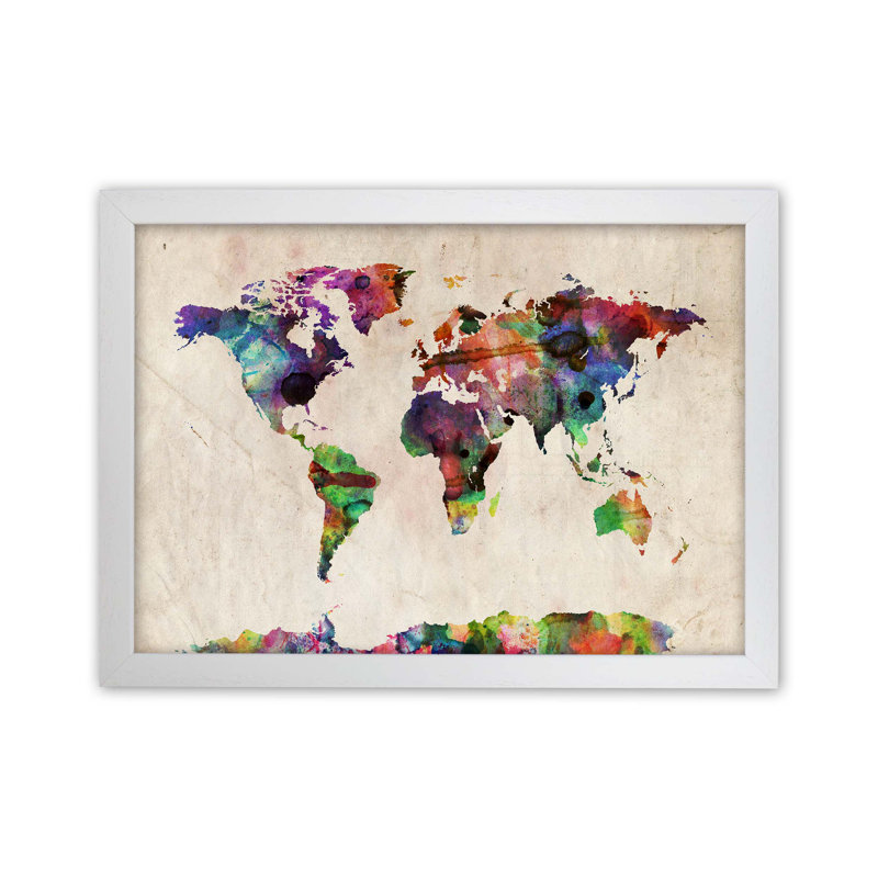 World Map by Michael Tompsett - Print, 64cm H x 88cm W x 3cm D, White Framed
