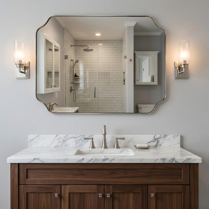 Rectangular Bathroom Vanity Mirror with Scalloped Corners – Stainless Steel Frame, Brushed Nickel, 40" x 30"
