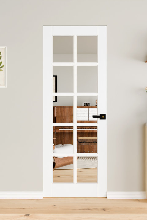 White interior door with ten glass panes and a matte black lever handle installed in a light-toned room.