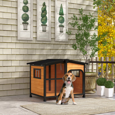 Outside Cabin-Style Wooden Dog House For Large Dogs With Openable Roof & Giant Window, Outdoor & Indoor Big Dog House, Asphalt Roof, Yellow