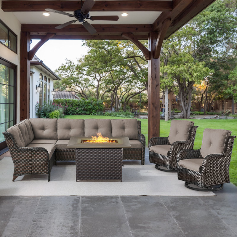 Dahlyla 8- Person Outdoor PE Wicker Sectional Seating Group with Fire Pit Table and Cushions, Brown, Gray