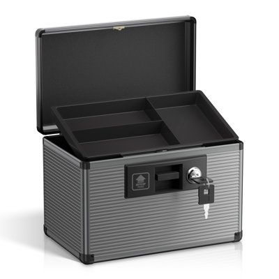Medicine Lock Box with Key, Alluminum Alloy Lock Box for Medication,First Aid Box with a Removeable Tray to Store Medicines & Pills for Home&Travel,Black 10 * 6.89 * 6.89 Inch