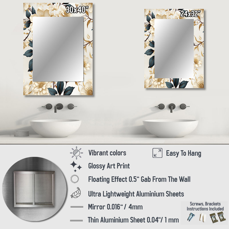 Cathyjo White Lace Inspired Botanicals - miroir mural décoratif floral, miroir floral, impression d'art en métal