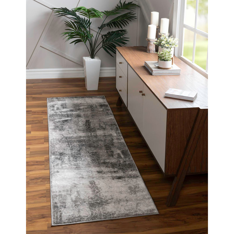 Tapis abstrait gris foncé Brandt, Tapis de couloir de 3 pi 1 po x 16 pi 5 po