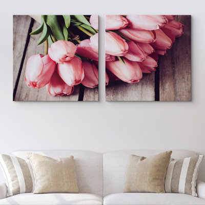 "Flower Blossom Vibrant Pink Tulip Flowers Bouquet", carré, salle de bain, impression sur toile, ensemble 2 pièces