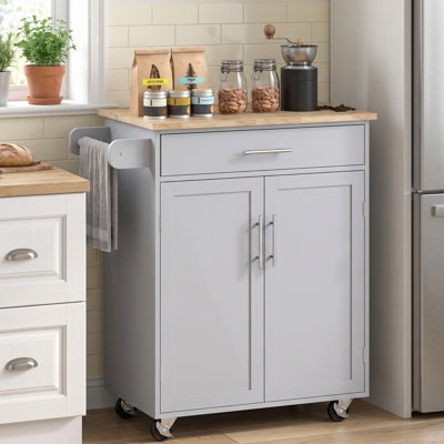 Kitchen Island Cart, Rolling Island Table with Solid Wood Top, Trolley Cart with Drawer