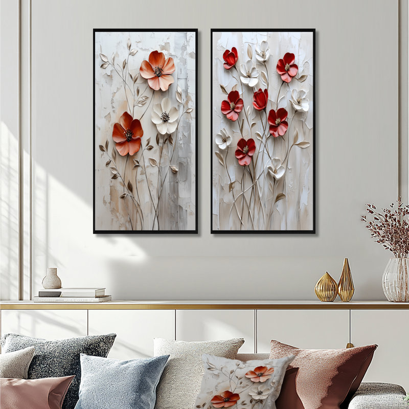 «Red Blooming Poppies Melody I» - ensemble d'art mural 2 coquelicots, H 40 po x l 40 po, Impression encadrée
