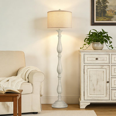 Lampe sur pied vintage pour salon, lampe sur pied rustique de style ferme avec interrupteur rotatif et abat-jour en lin, lampadaire rétro en résine pour chambre, coin, salle à manger, décoration intérieure, blanc