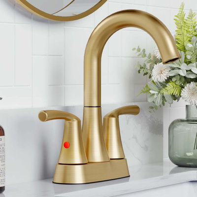 4 in. Centerset 2-Handle Bathroom Sink Faucet with High-Arc Swivel Spout and Drain Assembly, Brushed Gold