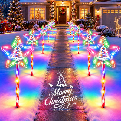 Lumières solaires de chemin d'étoiles de Noël avec 10 modes de lumière, lumières de sol en canne de bonbon à DEL résistantes aux intempéries rechargeables par USB-C pour la décoration extérieure des Fêtes