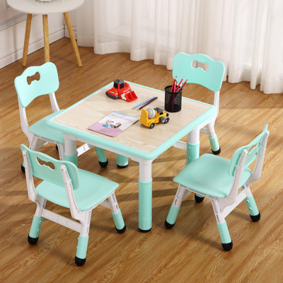 Toddler Table and Chairs Set for 4 Kids Study Table and Chair Set With Adjustable Height Graffiti Desktop Children Activity Table for Daycare Classroo