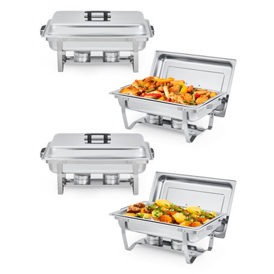 Ensemble de buffet à vaisselle rectangulaire en acier inoxydable de 8 pintes - Poignées isolantes, cadre pliable, finition miroir argenté, chauffe-plat commercial pour événements, mariages, fêtes - 4 pièces