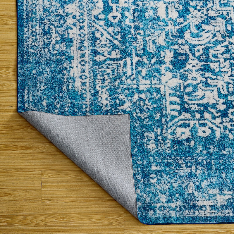 Machine Washable Oriental Blue/White Area Rug, Rectangle 7'10" x 10'3"