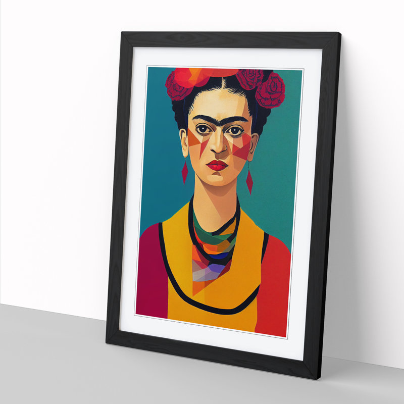 Frida Kahlo Geometric - Wall Art, 34cm H x 25cm W x 2cm D, Oak Picture Frame Paper, White