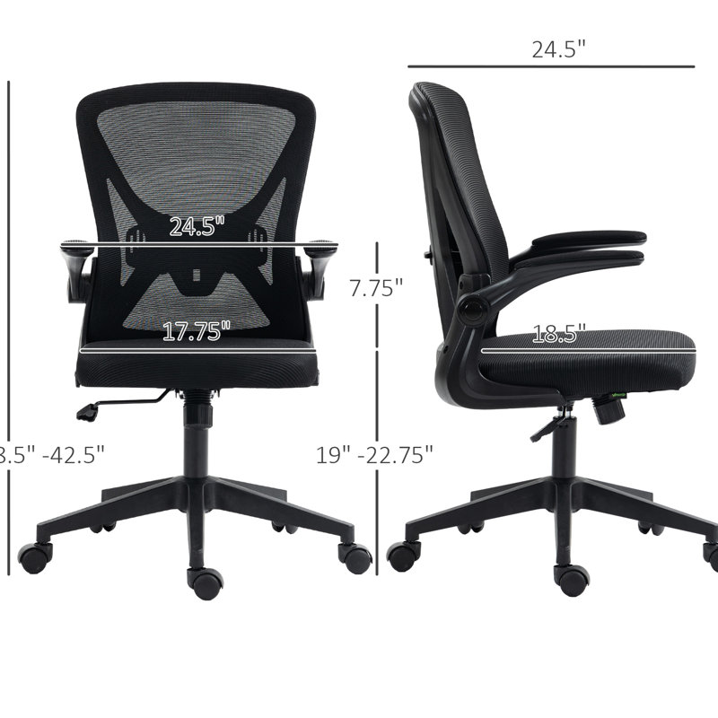 Siège de bureau ergonomique avec support lombaire, hauteur réglable, hauteur de la chaise de travail à dossier en filet noir et accoudoirs rabattables