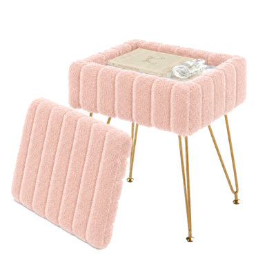 Tabouret de coiffeuse avec rangement, repose-pieds en fausse fourrure avec pieds en métal et pieds antidérapants, repose-pieds rembourré en fourrure douce de 15,7 po x 11,8 po x 19,4 po pour le salon de la chambre à maquillage