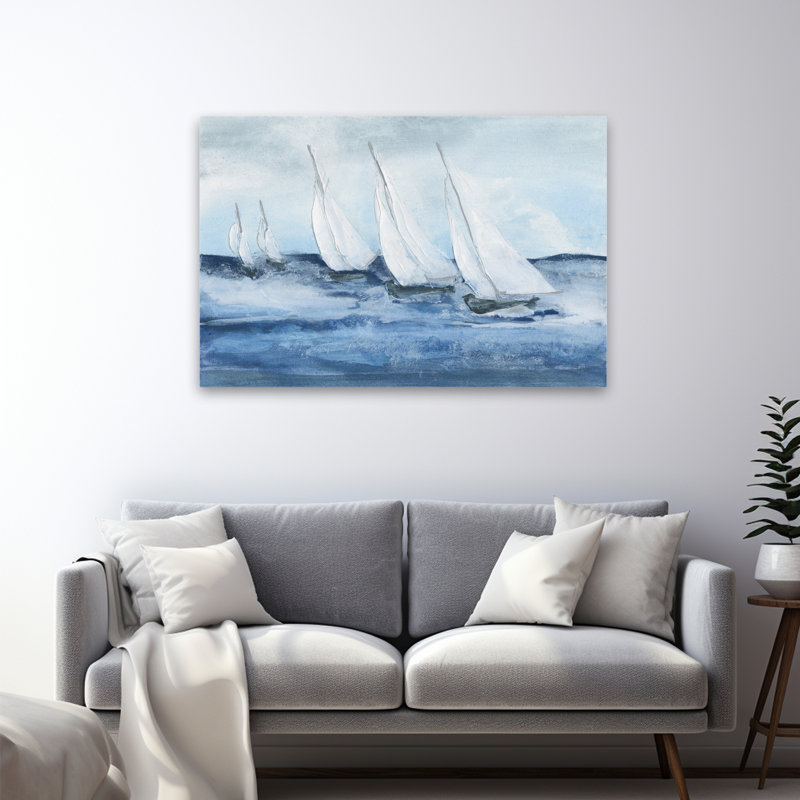 Groupe de voile IV côtier; Nautique bleu gris blanc bateau nuage, H 48 po x l 32 po