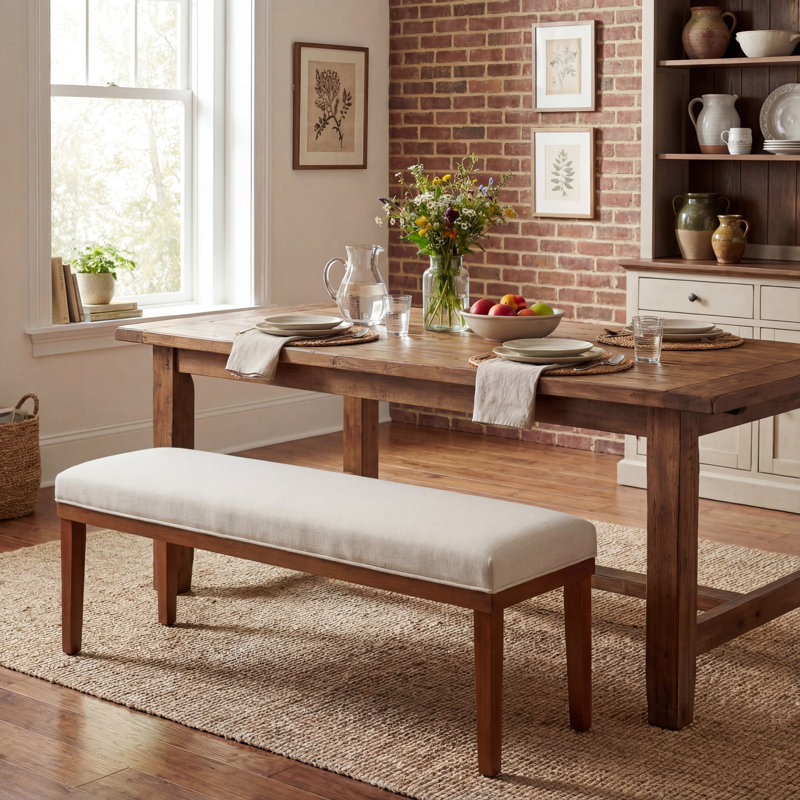 53" Modern Dining Chairs Bench, Fabric Upholstered Seat with Solid Wood Frame for Kitchen Table, Breakfast Nook and Cafe, Cream