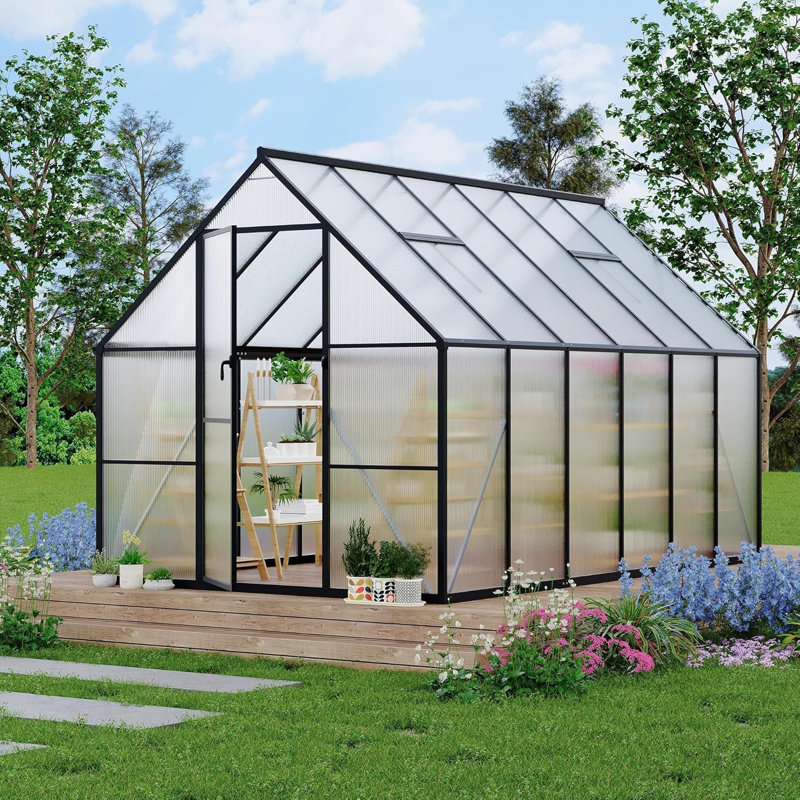 Serre en polycarbonate robuste à structure en aluminium avec structure à installation rapide et évent de toit pour grand ensemble de serre extérieur amélioré, 8 x 12 pi (noir)