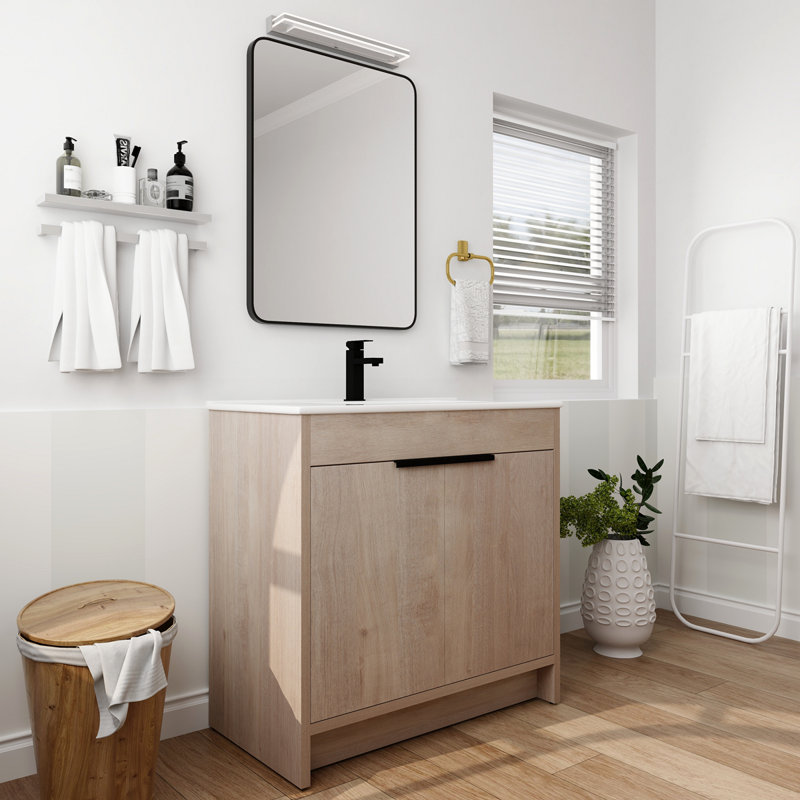 Meuble-lavabo autoportant de 36 pouces avec lavabo en céramique et 2 portes d'armoire à fermeture en douceur, Chêne clair uni