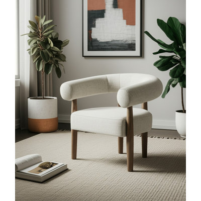 Chaise avec accoudoirs 29 po en tissu blanc cassé et gris cendré et bois