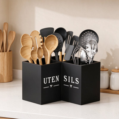 Porte-ustensiles de cuisine de coin pour comptoir, organisateur d'ustensiles de cuisine en bois avec compartiments, rangement de spatule peu encombrant pour comptoir de cuisine
