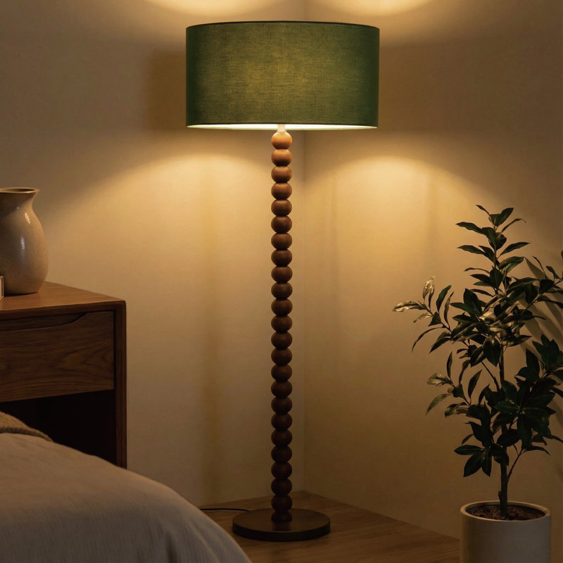 61" Retro Walnut Rubberwood Floor Lamp with Sculptural Stacked Sphere Base and Green Linen Drum Shade, cULus Certified for Living Room Side Tables, Bedroom Corners, Home Offices or Study Rooms
