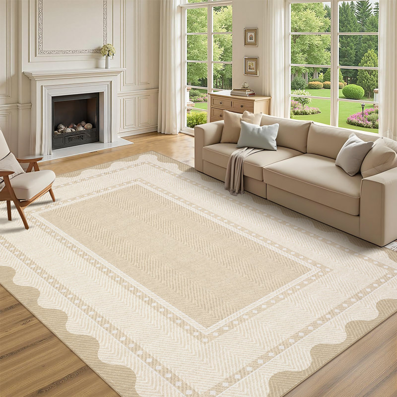 Washable Scalloped Area Rugs Living Room Rug Non Slip Stain-Resistant Rug for Bedroom Dining Room Home Office Linen, Beige