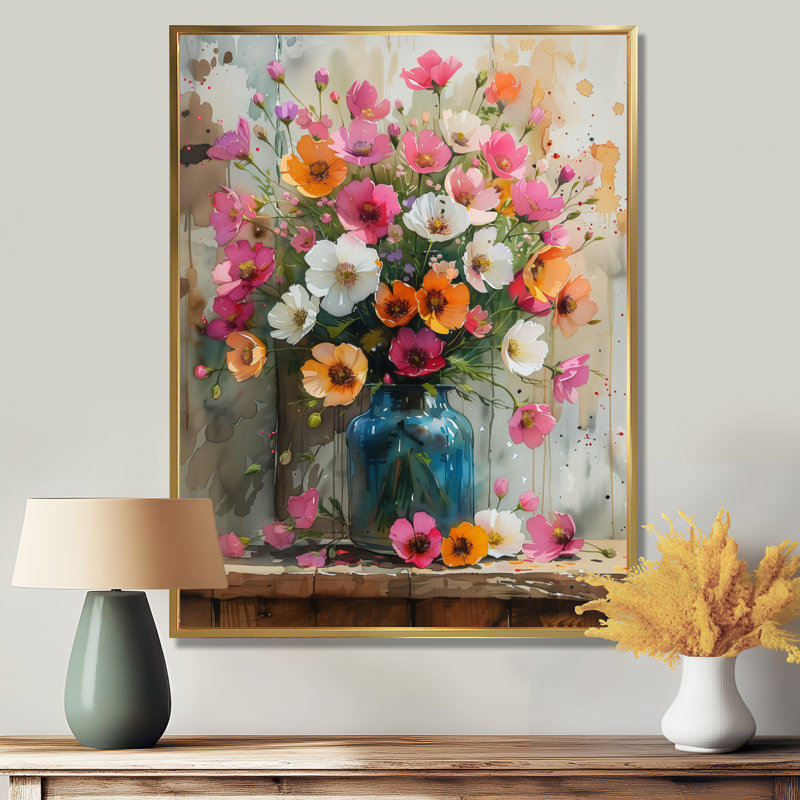 Rose et blanc bouquet d'or dans un vase I - Buttercups Wall Art Living Room, Toile avec cadre flottant or