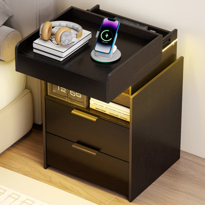 Nightstand with Charging Station Modern Nightstand with LED Light and Drawers Bedside Tables/End Table for Bedroom
