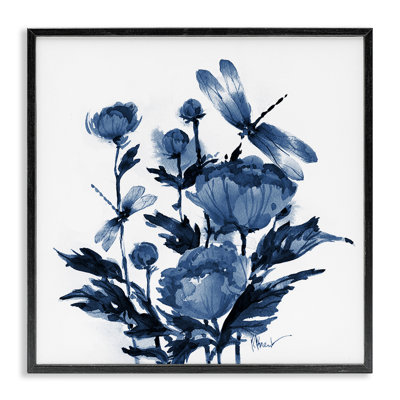 Indigo pivoines et libellules, estampe numérique, conception de Paul Brent