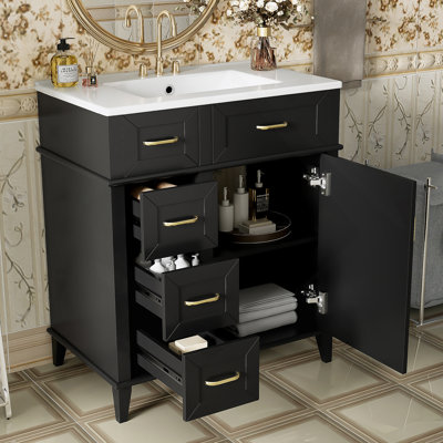 Meuble-lavabo de 30 pouces avec lavabo en céramique, tablette réglable, porte à fermeture en douceur et trois tiroirs à fermeture en douceur