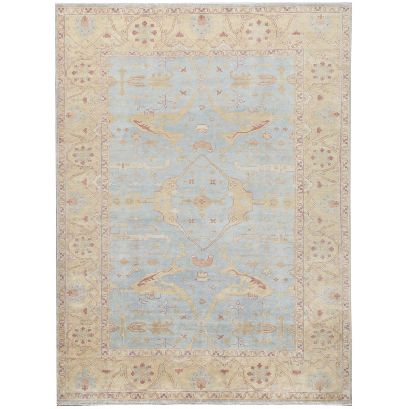 Tapis bleu et ivoire de haute qualité noué à la main