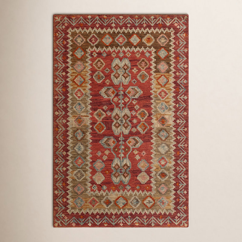 Laughlin Wool Oriental Area Rug in Red/Beige, Rectangle 5' x 8'