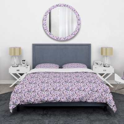Anémones mauves sur fond rose - ensemble de housse de couette traditionnel - microfibre de polyester