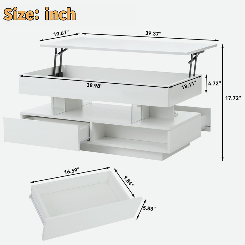 Table basse à plateau relevable avec compartiment caché, 2 tiroirs de rangement et lumières DEL réglables, White