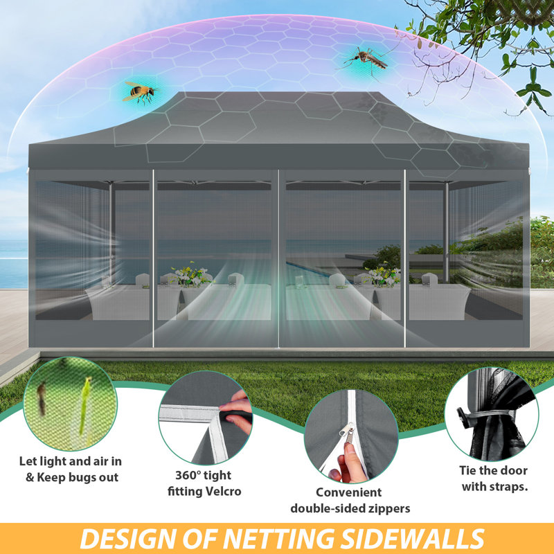 10'x20' Heavy Duty Canopy Tent, Pop up Gazebo with Netting Screened, Grey