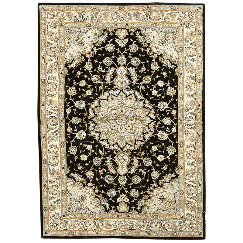 Tapis noir et beige noué à la main de haute qualité